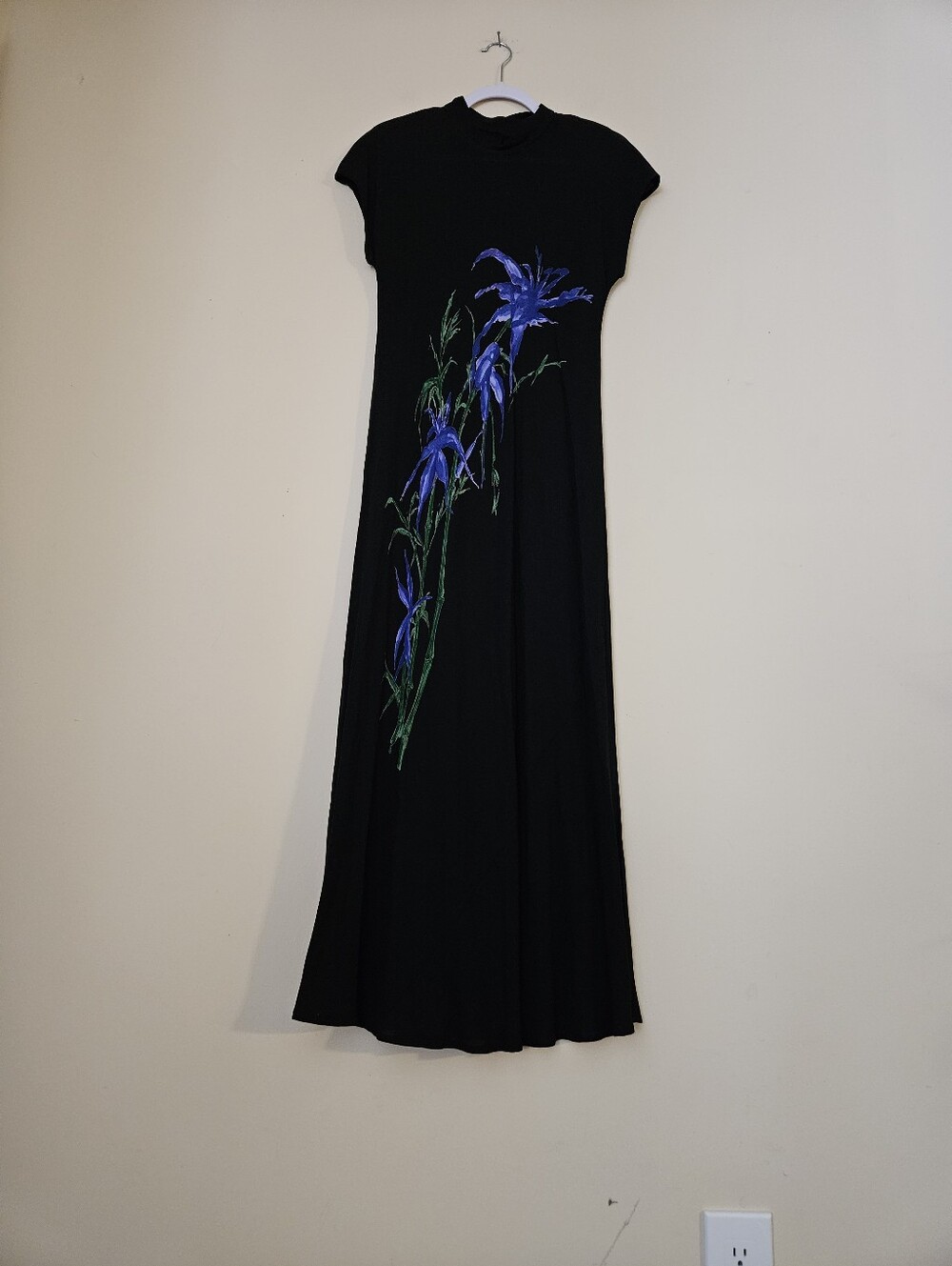 Carole Little Sheer  Black Maxi Dress with Blue & Green Floral Accent, Size 6